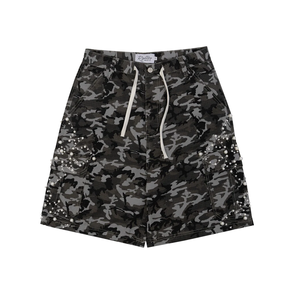 BlackCamoFront_1024x.webp We Are Righteous Camo Pearl Cargo Shorts (Black) - Image 1